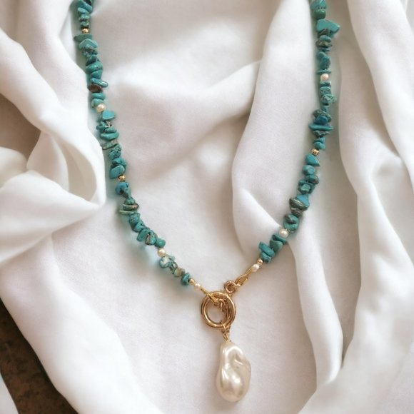 CreekTide Designs Jewelry - Turqouise Gravel Bead Necklace with Drop pearl pendant